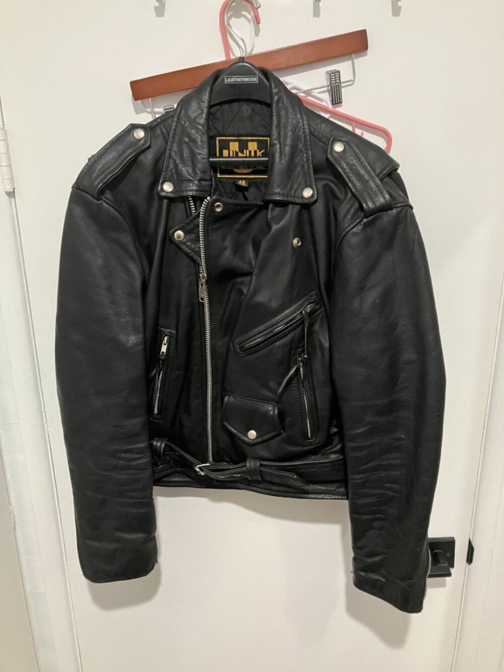Unik Men's Vintage Leather Biker Motorcycle Jacket, Black, Size 48, Punk Rock